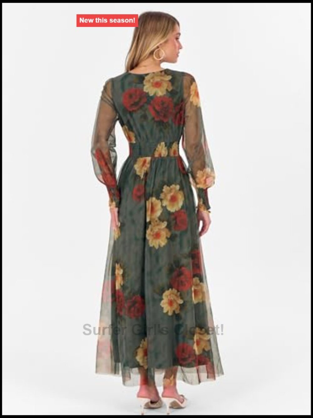 Women's Floral Tulle Long Sleeve V-Neck Maxi Dress - Wedding Guest - Picture 6 of 7